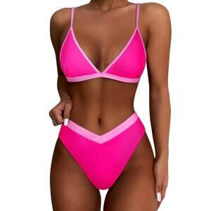 Women Hot Pink Bikini Set Contrast Trim Triangle Top High Cut Bottom Medium